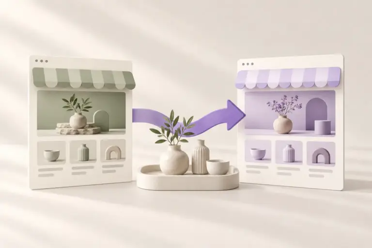 Two abstract storefront layouts connected by a violet ribbon, with product objects remaining in the foreground.