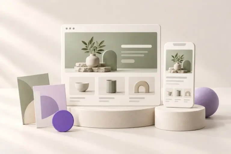 Conceptual desktop and mobile storefront cards with cream surfaces and violet product tiles.
