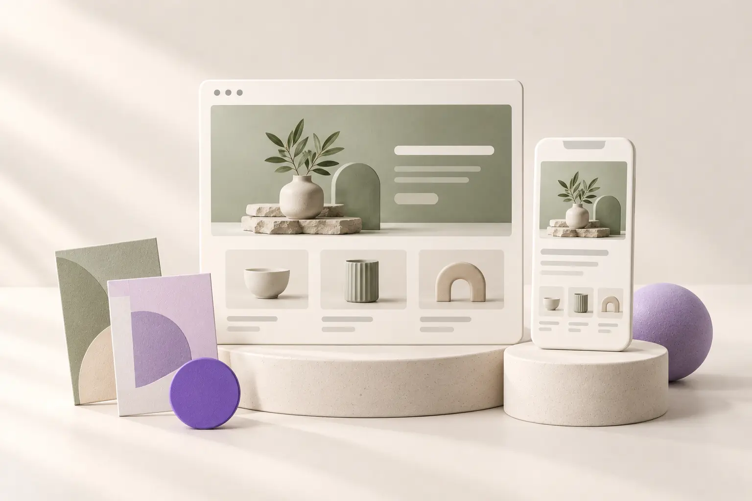 Conceptual desktop and mobile storefront cards with cream surfaces and violet product tiles.
