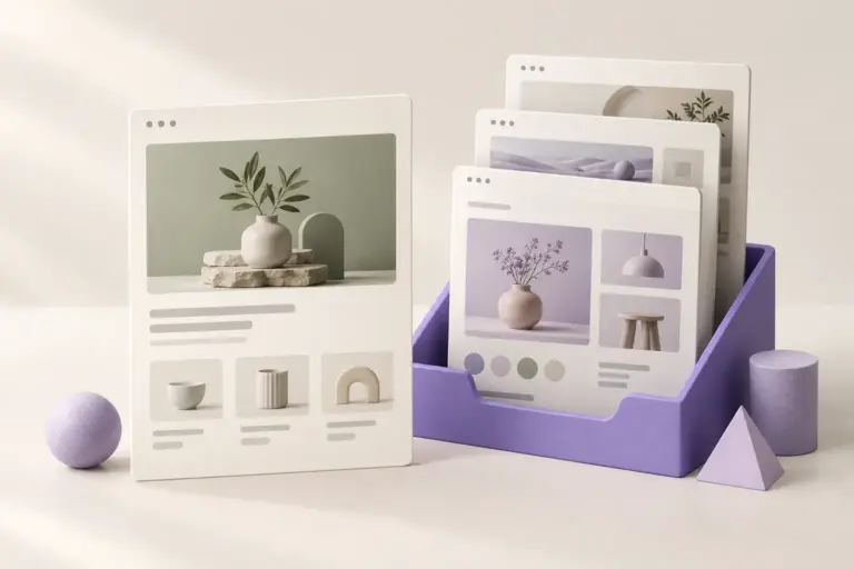 Conceptual illustration of a single cream website card beside an organized violet tray of design cards.