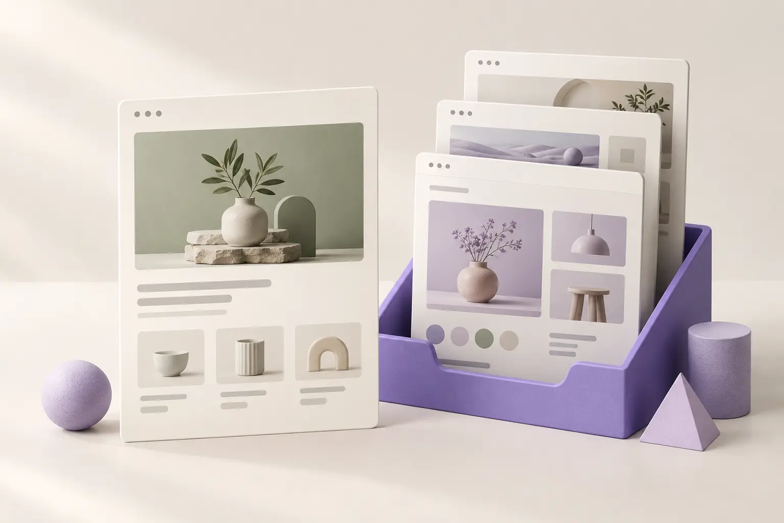 Conceptual illustration of a single cream website card beside an organized violet tray of design cards.