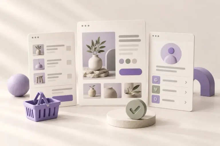 Conceptual product, cart and customer account cards beside a small violet basket and a check-shaped object.