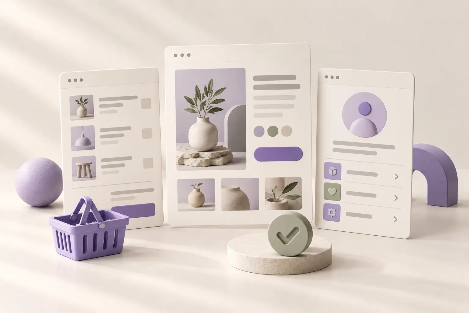 Conceptual product, cart and customer account cards beside a small violet basket and a check-shaped object.
