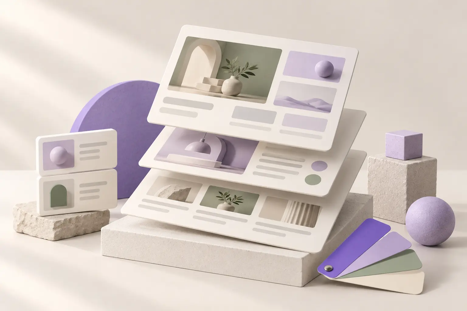 Exploded cream website layers, small reusable layout modules and violet and sage color swatches.